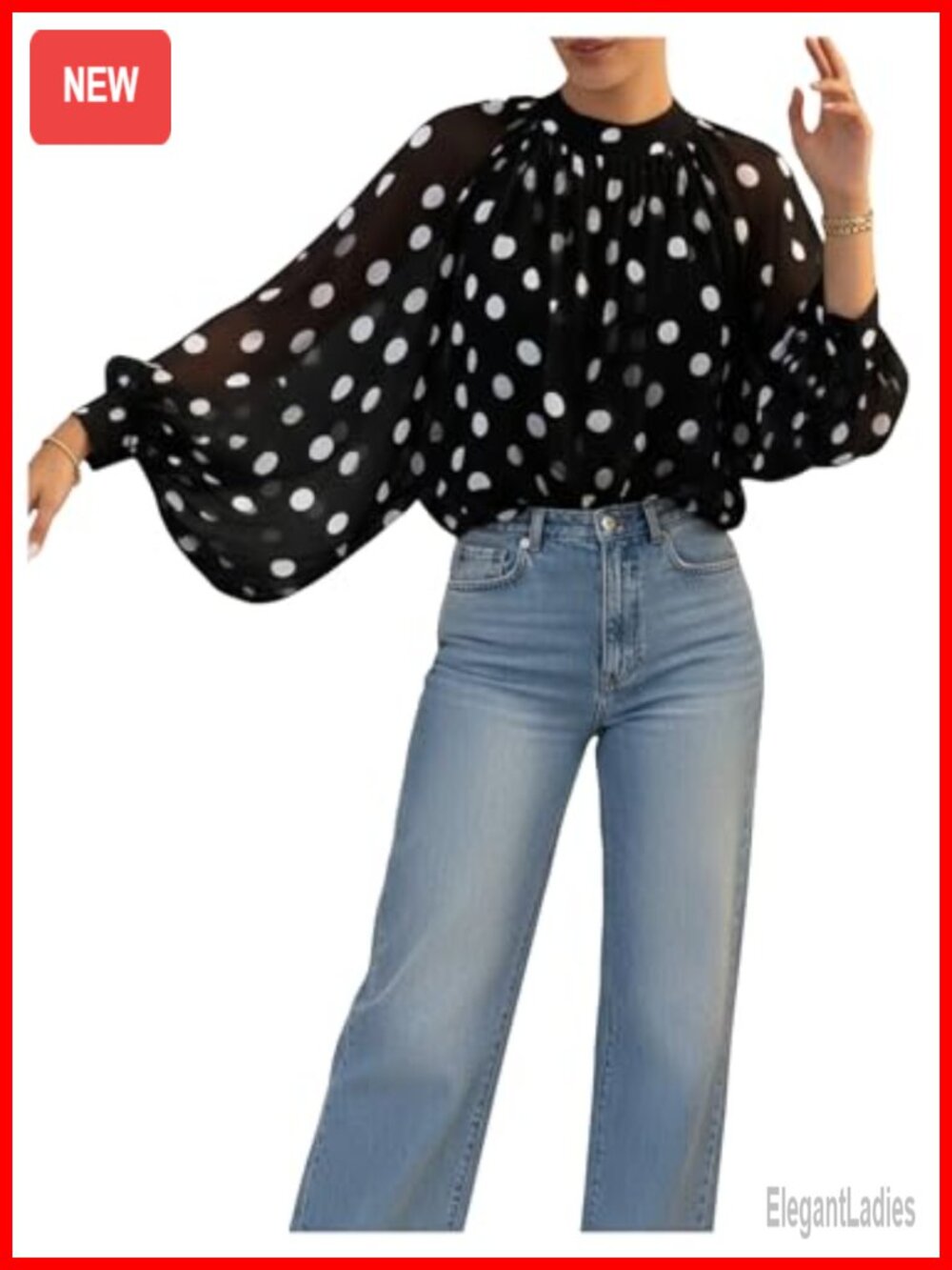 Women's Polka Dots Blouse Tie Neck Long Sleeve Mesh Top